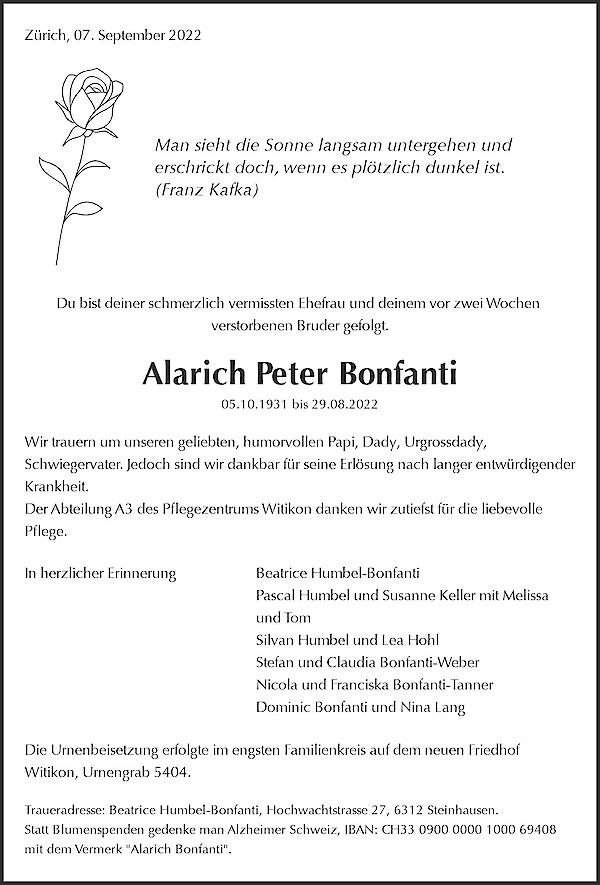 Todesanzeige von Alarich Peter Bonfanti, Z&uuml;rich