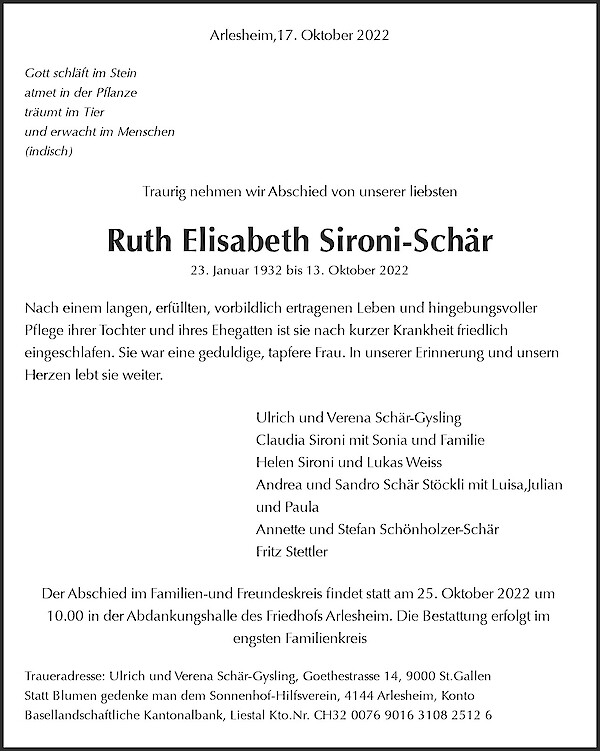 Todesanzeige von Ruth Elisabeth Sironi-Sch&auml;r, Arlesheim