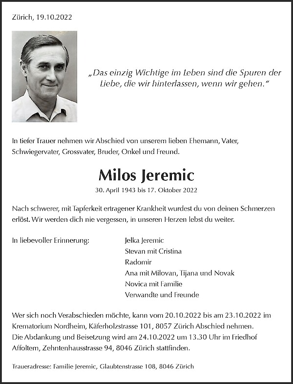 Todesanzeige von Milos Jeremic, Z&uuml;rich