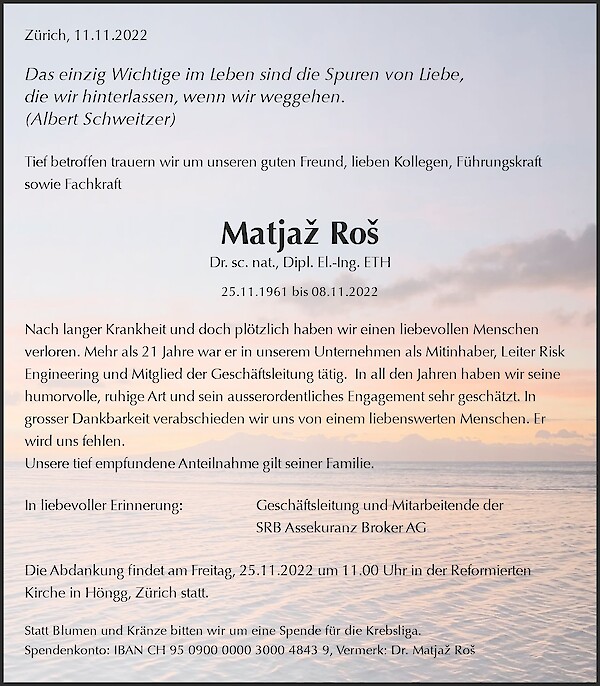 Todesanzeige von Matjaž Ro&scaron;, Z&uuml;rich