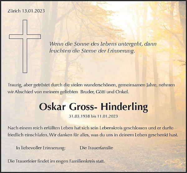 Todesanzeige von Oskar Gross- Hinderling, Z&uuml;rich