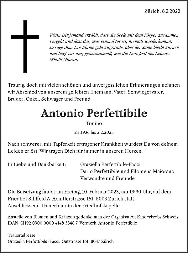 Todesanzeige von Antonio Perfettibile, Z&uuml;rich