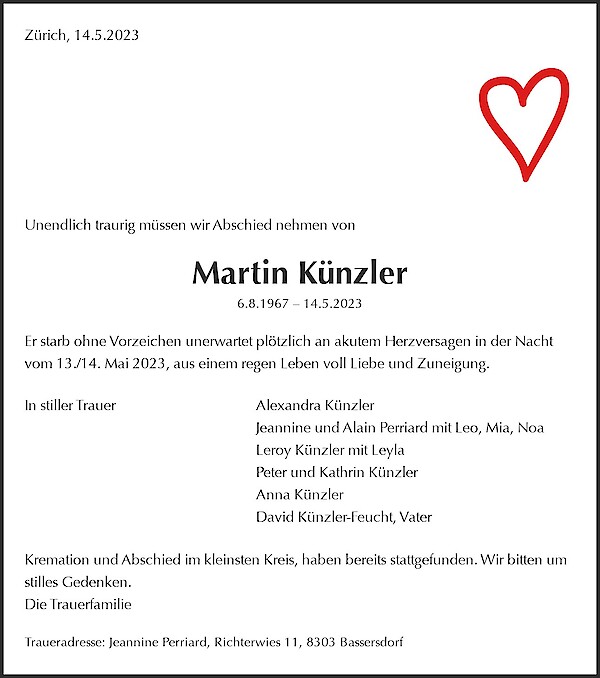 Todesanzeige von Martin K&uuml;nzler