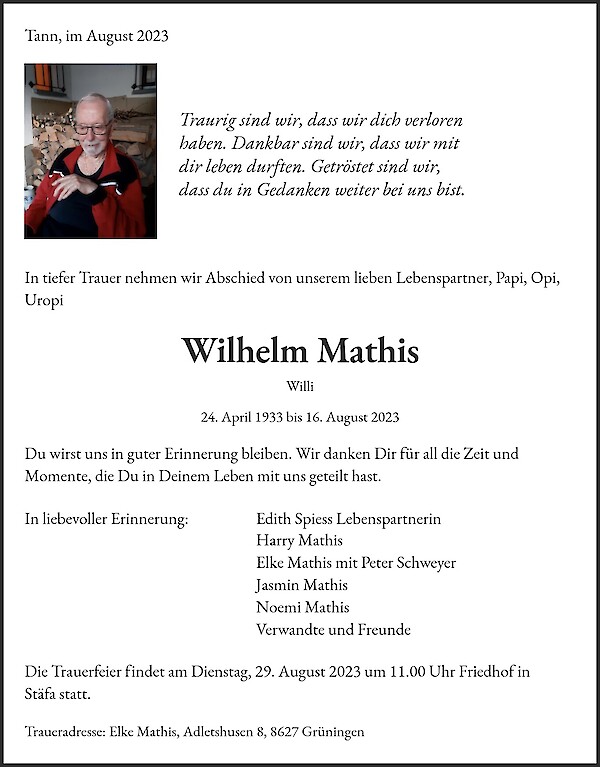 Todesanzeige von Wilhelm Mathis, Tann