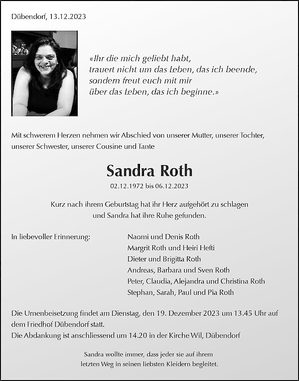 Todesanzeige von Sandra Roth, D&uuml;bendorf