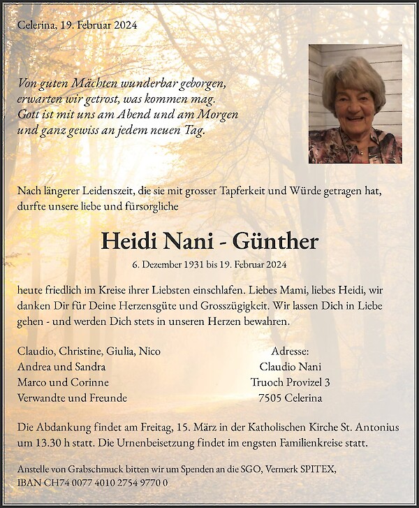 Todesanzeige von Heidi Nani - G&uuml;nther, Celerina