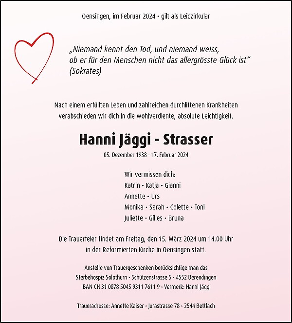 Todesanzeige von Hanni J&auml;ggi - Strasser