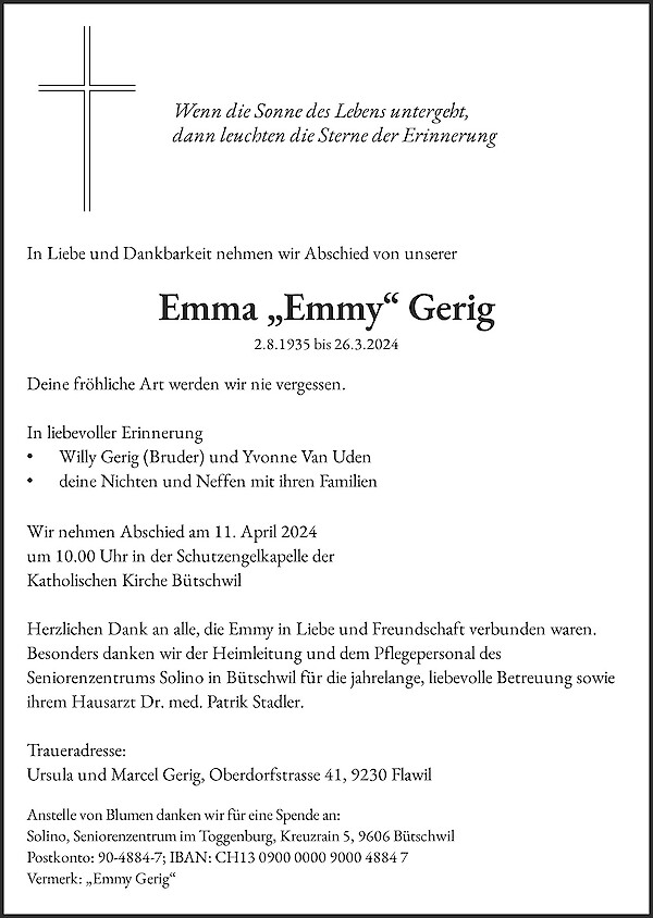 Todesanzeige von Emma &bdquo;Emmy&ldquo; Gerig, B&uuml;tschwil