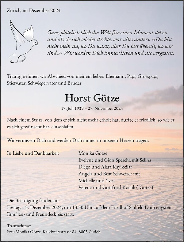 Todesanzeige von Horst G&ouml;tze, Z&uuml;rich