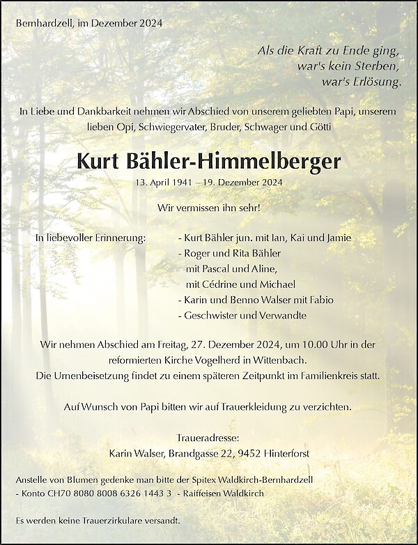 Todesanzeige von Kurt B&auml;hler-Himmelberger, Bernhardzell