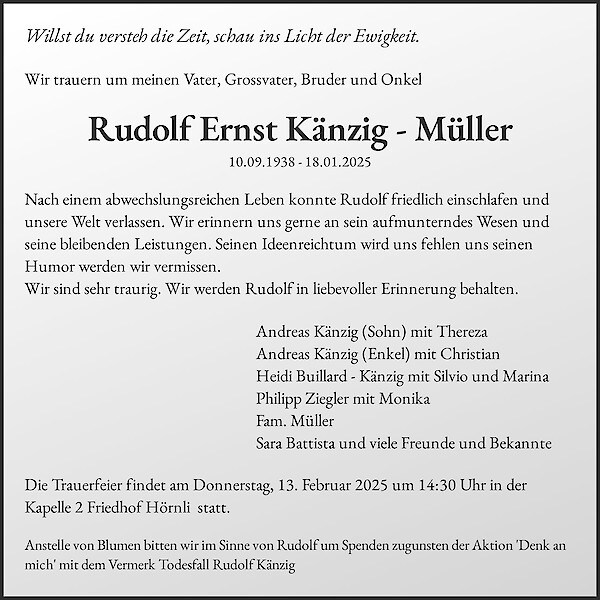 Todesanzeige von Rudolf Ernst K&auml;nzig - M&uuml;ller, Z&uuml;rich