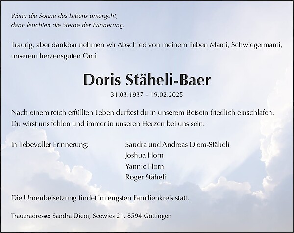 Todesanzeige von Doris St&auml;heli-Baer