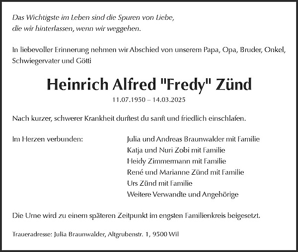 Todesanzeige von Heinrich Alfred "Fredy" Z&uuml;nd
